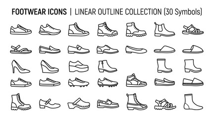 Obraz premium Footwear icons collection, 30 linear outline symbols of shoes and boots. Minimalist shoe vector set for fashion retail and e-commerce apps.