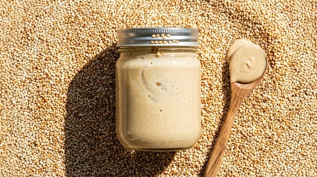 Freshly made tahini in a glass jar with a wooden spoon sits on sesame seeds. This healthy, plant-based spread offers culinary versatility and nutritious benefits for sustainable living.