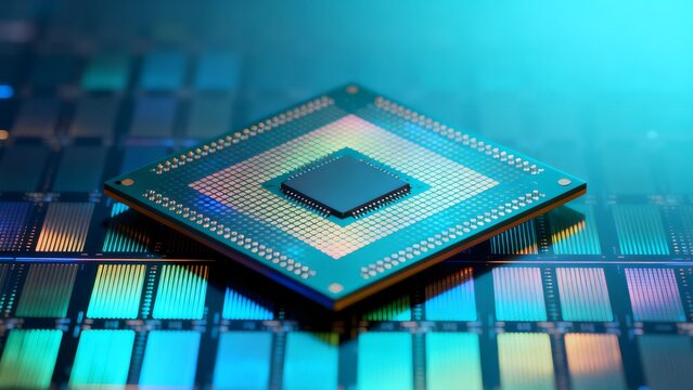 Close-up of a microprocessor chip on a semiconductor wafer with blue-green lighting