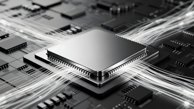 Close-up of a microprocessor on a circuit board with glowing data flow lines symbolizing high-speed computing.