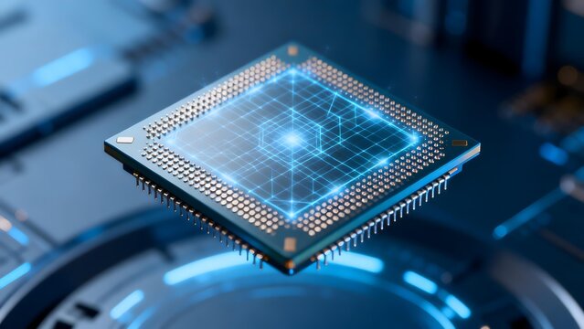 Futuristic microprocessor chip with glowing blue circuitry and solder balls floating above a high-tech motherboard