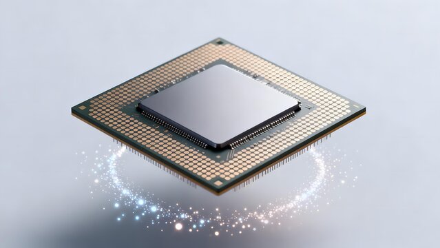 Square microprocessor chip with gold pins and glowing particle effect on light background