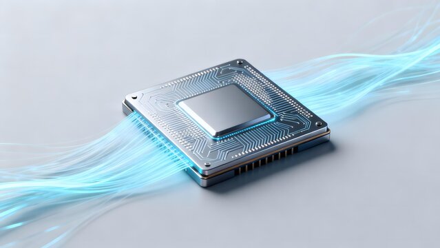 Modern CPU chip with blue energy flow effects on a clean white surface