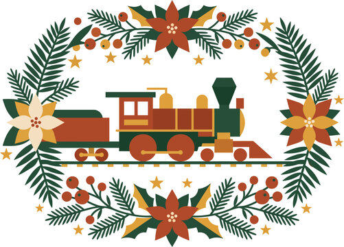Vintage steam locomotive train illustration surrounded by a festive floral christmas wreath with poinsettias and pine branches on white