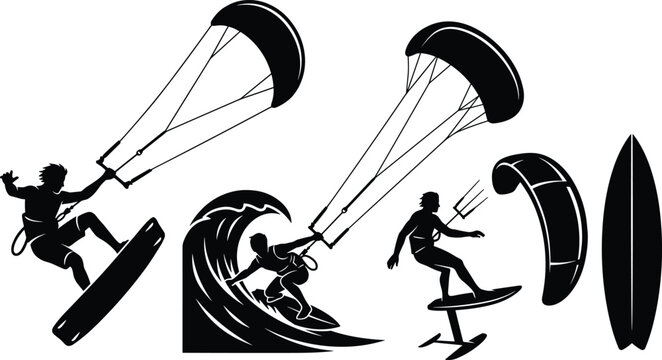 Extreme Kitesurfing and Hydrofoil Kiteboarding Silhouette Icon Set with Riders Catching Air Carving Ocean Waves and Surfboard Elements for Vector Graphic Designs
