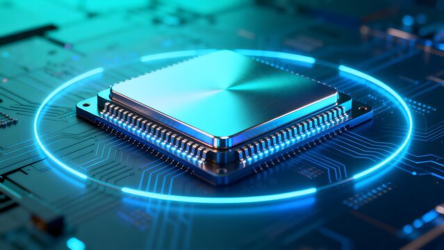 Close-up of a microprocessor on a circuit board with glowing blue circular light effect