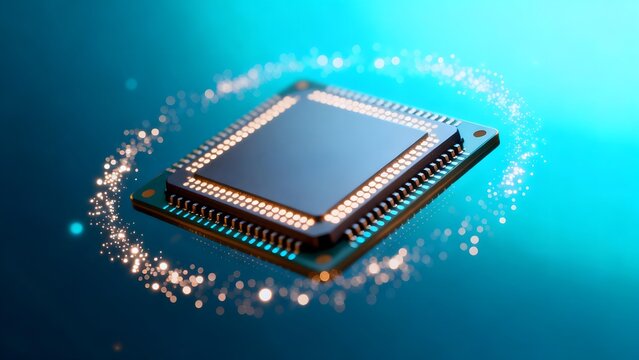 Close-up of a microprocessor chip with glowing particle effect against blue background