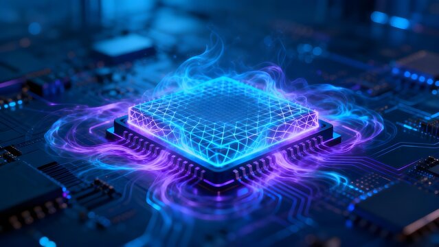 Neon-lit microprocessor on circuit board with glowing blue and purple energy waves