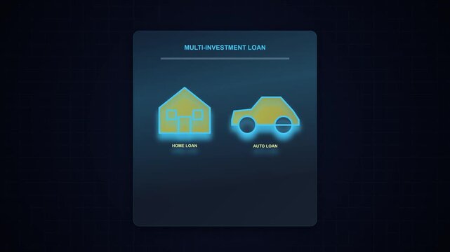 Glowing icons show home and auto loans. Futuristic design highlights multi-investment loan options. Blue neon light enhances digital finance theme. Green button offers pre-approved financing