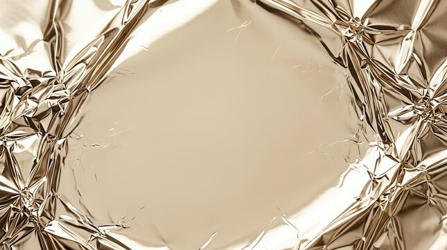 Abstract background featuring a smooth central area surrounded by highly reflective and crumpled metallic gold foil texture