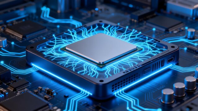 Close-up of a microprocessor on a circuit board with glowing blue energy lines highlighting data pathways