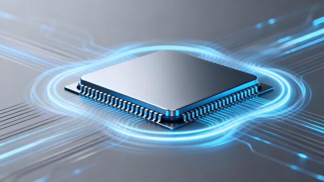 Modern microprocessor chip with glowing blue circuitry and energy waves on a tech-themed background