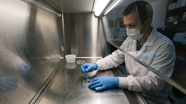 Scientist handling specimen with tweezers in biosafety cabinet