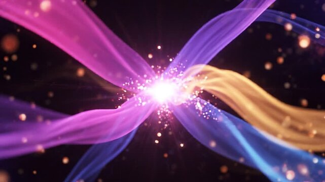 Abstract flowing colored ribbons intertwined with sparkling particles and bokeh lights on a dark background, cinematic motion footage perfect for event intros and elegant displays.