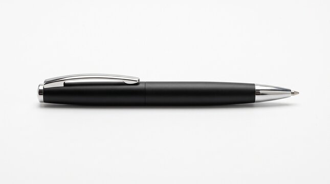 Black ballpoint pen lies horizontally isolated on a solid white studio background.