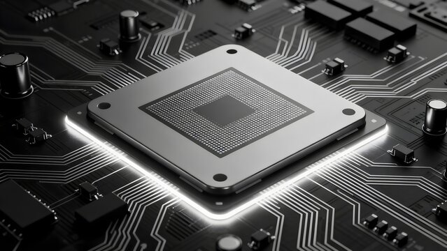 Close-up of a microprocessor on a circuit board with glowing edge and intricate soldered components