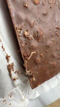 Warms inscects in she chocolate.Close up view of rich dark chocolate fudge square, showing glossy texture and creamy appearance, 