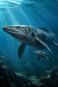 Adult and Juvenile Mosasaurs Swimming Together in Prehistoric Ocean
