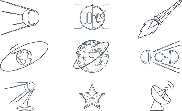 Space Exploration and Satellite Outline Vector Set with Rocket, Sputnik, Earth Orbit, Communication Dish, Astronomy, and Aerospace Technology Icons