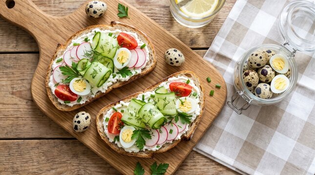 Fresh open-faced toasts feature radishes, cucumbers, tomatoes, and protein-rich quail eggs. This healthy, nutritious meal is perfect for a balanced breakfast or light brunch.