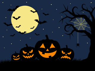 Fototapeta premium Halloween Night Background with Spooky Jack-o'-lanterns, Full Moon, and Bats Silhouette