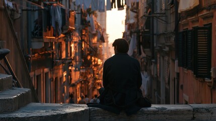 Obraz premium Back view of a traveller sitting on a worn stone step in a narrow lane, authentic unposed travel photograph