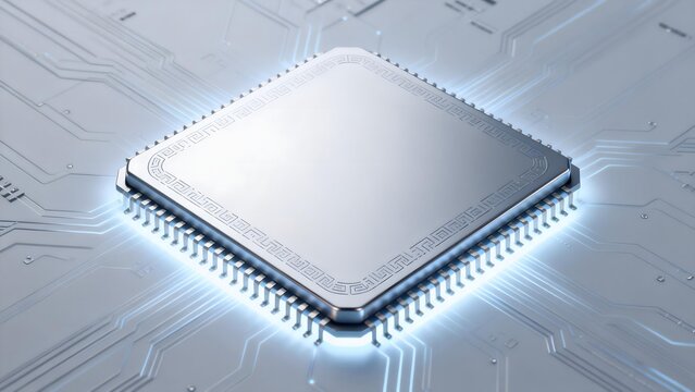 Close-up of a microprocessor chip on circuit board with glowing blue connections