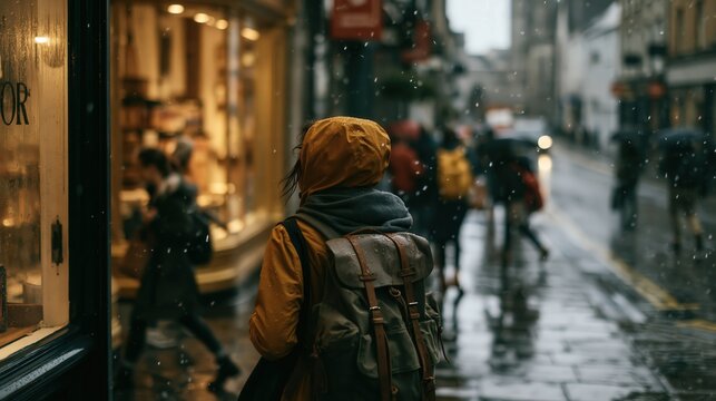 Back view of a traveller standing in a shop doorway as a sudden shower passes in soft cinematic light