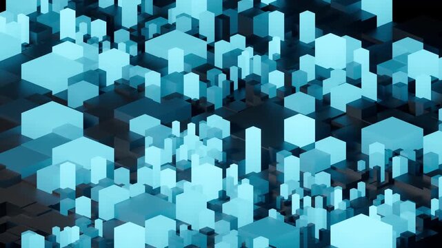 Animated isometric tech background. Blue and black glowing cubes representing digital server network or big data. 3d rendering not AI