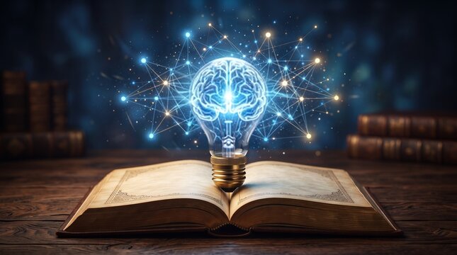 Glowing light bulb with human brain filament inside, connected to network of nodes, resting on open vintage book, wooden table, dark background