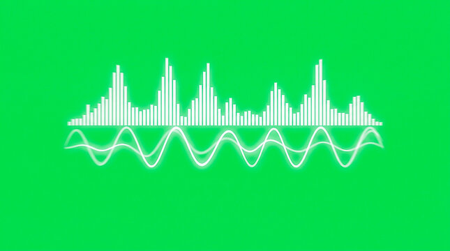 Visualizador de onda y espectro de audio brillante en color blanco con l&iacute;neas sinusoidales, aislado sobre fondo de pantalla verde croma para edici&oacute;n.