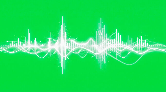 Visualizador de onda y espectro de audio brillante en color blanco con l&iacute;neas sinusoidales, aislado sobre fondo de pantalla verde croma para edici&oacute;n.