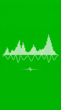 Visualizador de onda y espectro de audio brillante en color blanco con l&iacute;neas sinusoidales, aislado sobre fondo de pantalla verde croma para edici&oacute;n.
