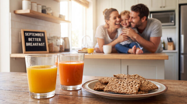 A happy family toasts a bright September morning with fresh orange and carrot juices and whole grain crackers for Better Breakfast Month promotions