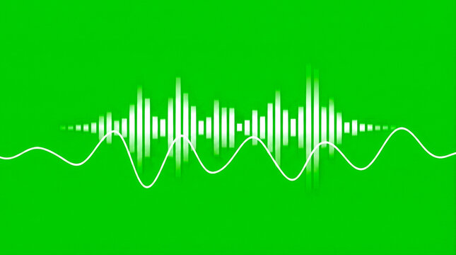 Visualizador de onda y espectro de audio brillante en color blanco con l&iacute;neas sinusoidales, aislado sobre fondo de pantalla verde croma para edici&oacute;n.