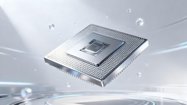 High-resolution close-up of a modern semiconductor chip with metallic finish and grid array surrounded by floating bubbles in a clean futuristic setting