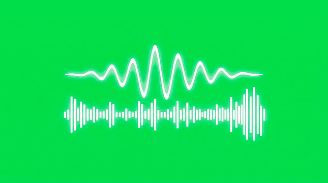 Visualizador de onda y espectro de audio brillante en color blanco con l&iacute;neas sinusoidales, aislado sobre fondo de pantalla verde croma para edici&oacute;n.