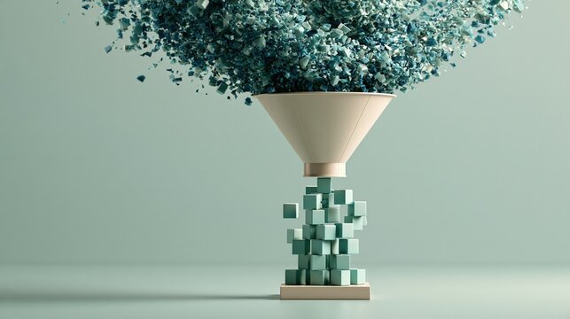 A clean minimal three dimensional render of a wide funnel receiving a swirling stream, clean minimal concept render