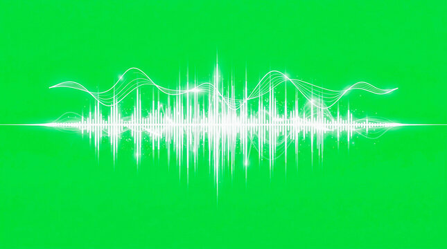 Visualizador de onda y espectro de audio brillante en color blanco con l&iacute;neas sinusoidales, aislado sobre fondo de pantalla verde croma para edici&oacute;n.