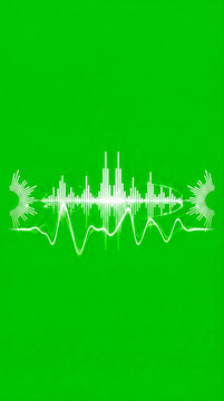 Visualizador de onda y espectro de audio brillante en color blanco con l&iacute;neas sinusoidales, aislado sobre fondo de pantalla verde croma para edici&oacute;n.