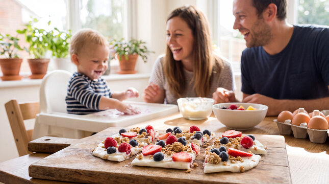 A playful family enjoys frozen yogurt bark topped with berries and granola for September Better Breakfast Month, perfect for fun family dessert marketing