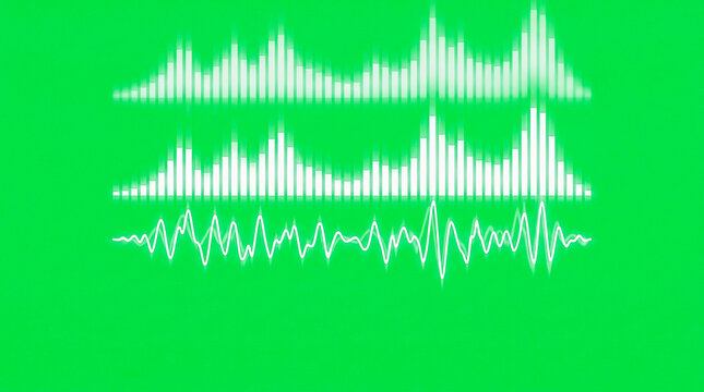 Visualizador de onda y espectro de audio brillante en color blanco con l&iacute;neas sinusoidales, aislado sobre fondo de pantalla verde croma para edici&oacute;n.