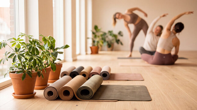 Colorful rolled yoga mats and potted plants are with students stretching in the background for National Yoga Awareness Month