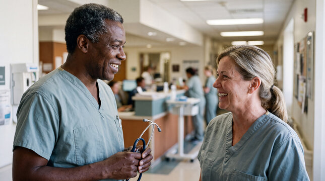 Black male doctor and white female nurse are talking with a stethoscope in a hospital for World Heart Day marketing