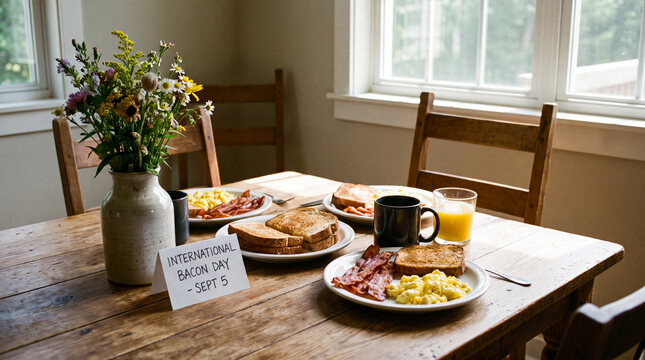 Breakfast table with flowers, bacon, eggs, toast and coffee is an inviting International Bacon Day morning setup for seasonal designs