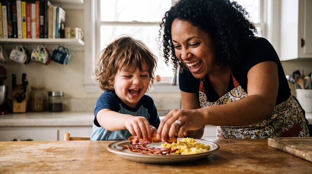 Mother and laughing 3-year-old child are preparing breakfast together with bacon at a kitchen counter, joyful International Bacon Day activity for posts