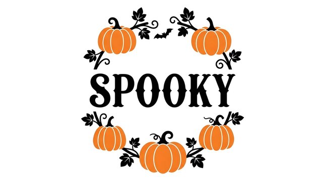 A delightful halloween typographic design featuring the word 'spooky' surrounded by charming pumpkins and delicate floral elements perfect for seasonal celebrations