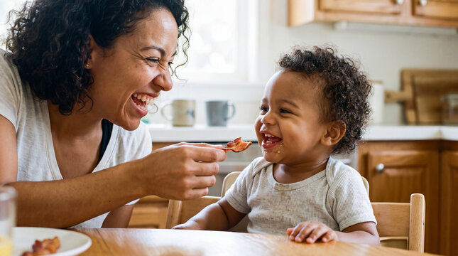 Mother is feeding a piece of bacon to a laughing toddler at breakfast, tender International Bacon Day family moment for social posts