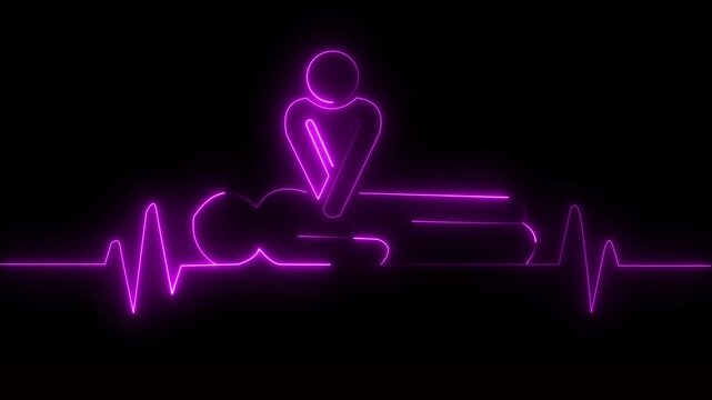 neon heartbeat icon animation. CPR chest compressions showing medical resuscitation technique for training .CPR chest compressions heartbeat signal icon. 4k video.
