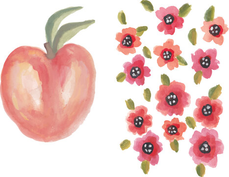 Peach and red flowers hand drawn watercolor art